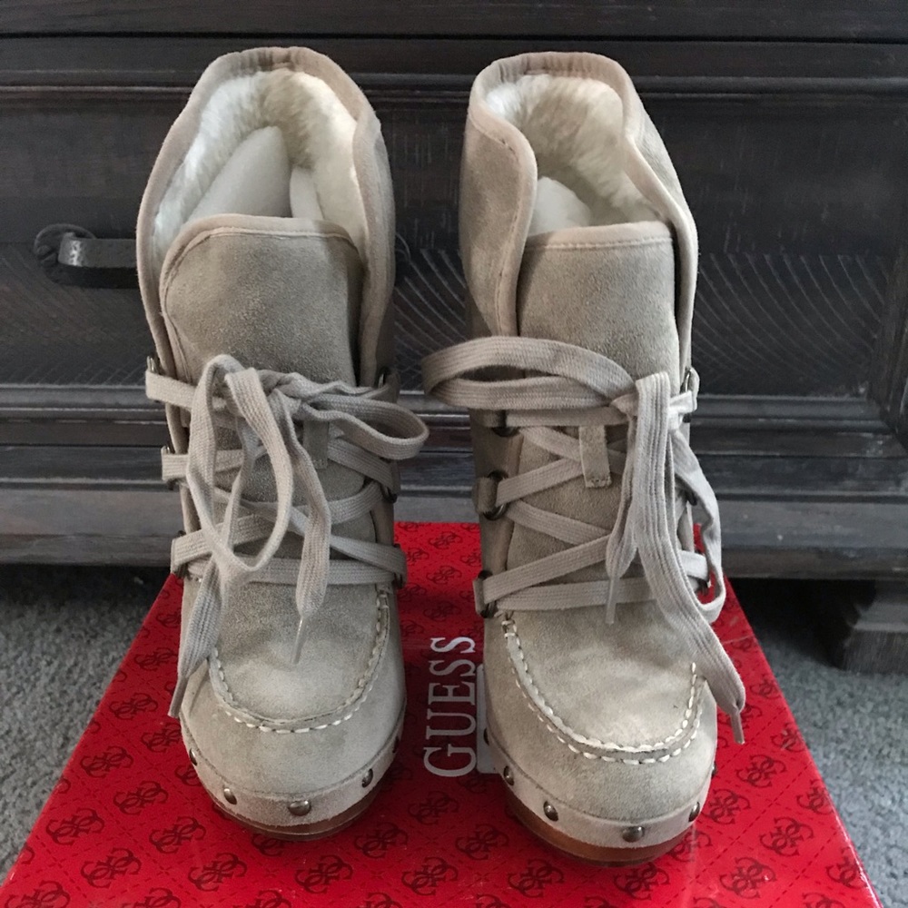 Guess Suede Bountiful Ankle Booties Natural